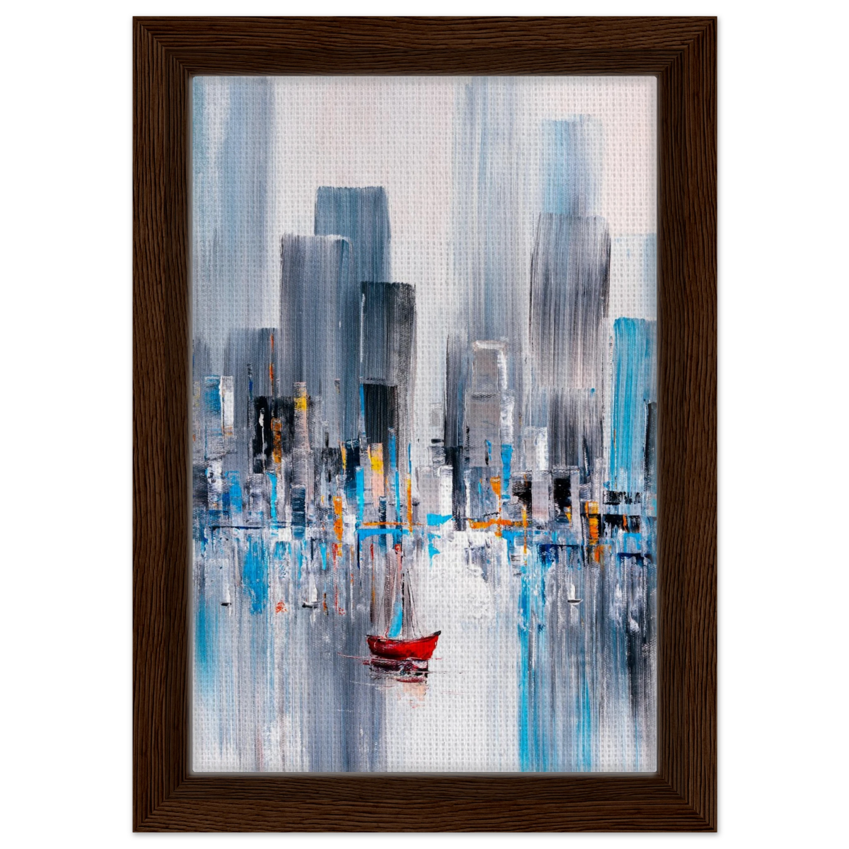 “Crimson Drift” – City Stillness in Motion | Modern Abstract Wall art Print - Framed Canvas - 20x30 cm / 8x12″ - Dark wood frame