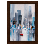 “Crimson Drift” – City Stillness in Motion | Modern Abstract Wall art Print - Framed Canvas - 20x30 cm / 8x12″ - Dark wood frame