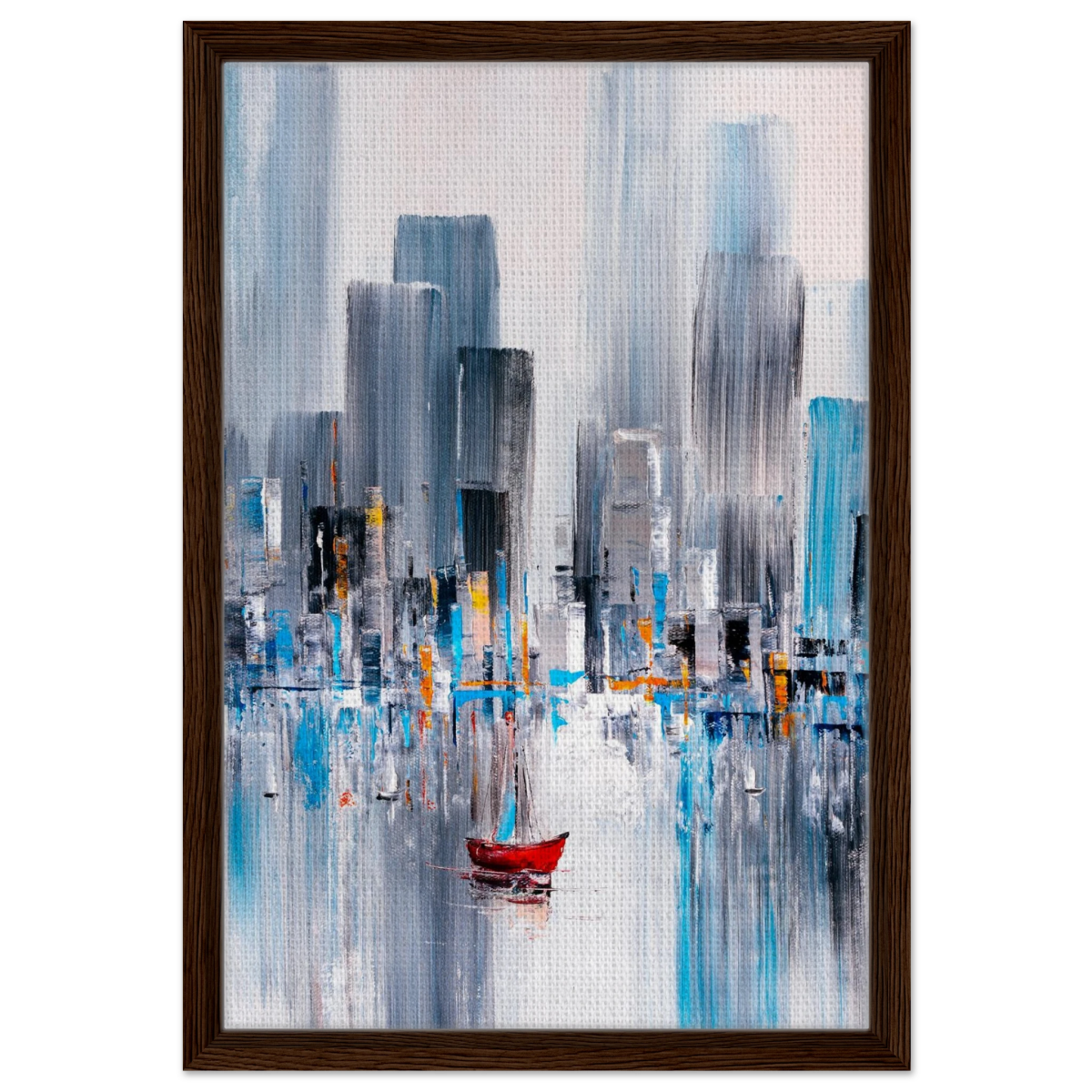 “Crimson Drift” – City Stillness in Motion | Modern Abstract Wall art Print - Framed Canvas - 40x60 cm / 16x24″ - Dark wood frame