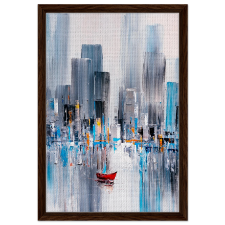 “Crimson Drift” – City Stillness in Motion | Modern Abstract Wall art Print - Framed Canvas - 40x60 cm / 16x24″ - Dark wood frame