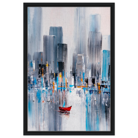 “Crimson Drift” – City Stillness in Motion | Modern Abstract Wall art Print - Framed Canvas - 50x75 cm / 20x30″ - Black frame