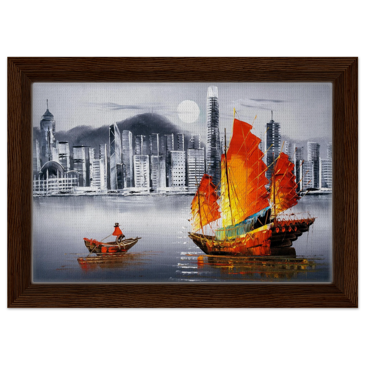 "Crimson Sails Over Silver City" – East Meets Modern Majesty | Wall art Print - Framed Canvas - 20x30 cm / 8x12″ - Dark wood frame