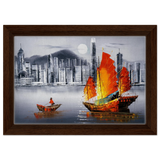"Crimson Sails Over Silver City" – East Meets Modern Majesty | Wall art Print - Framed Canvas - 20x30 cm / 8x12″ - Dark wood frame