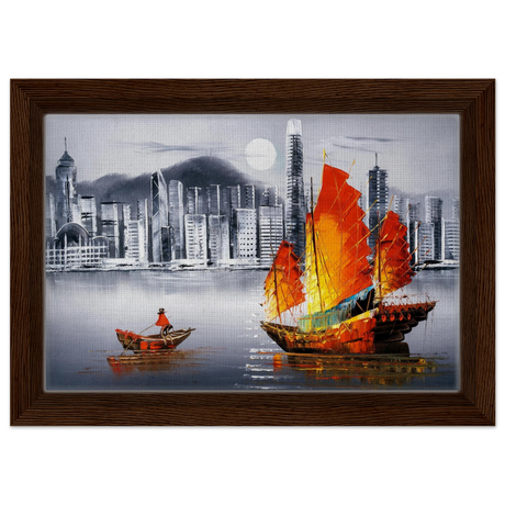 "Crimson Sails Over Silver City" – East Meets Modern Majesty | Wall art Print - Framed Canvas - 20x30 cm / 8x12″ - Dark wood frame