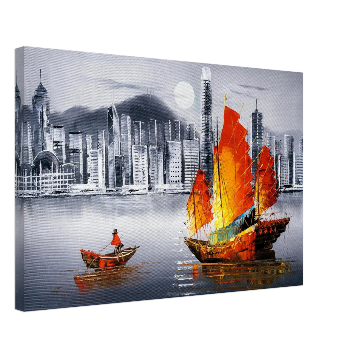 "Crimson Sails Over Silver City" – East Meets Modern Majesty | Wall art Print - Canvas - 40x60 cm / 16x24″ - 