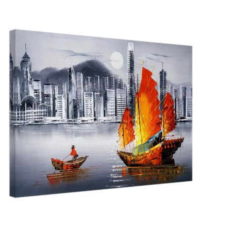 "Crimson Sails Over Silver City" – East Meets Modern Majesty | Wall art Print - Canvas - 40x60 cm / 16x24″ - 