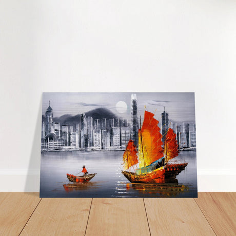 "Crimson Sails Over Silver City" – East Meets Modern Majesty | Wall art Print - Brushed Aluminum Print - 20x30 cm / 8x12″ - 
