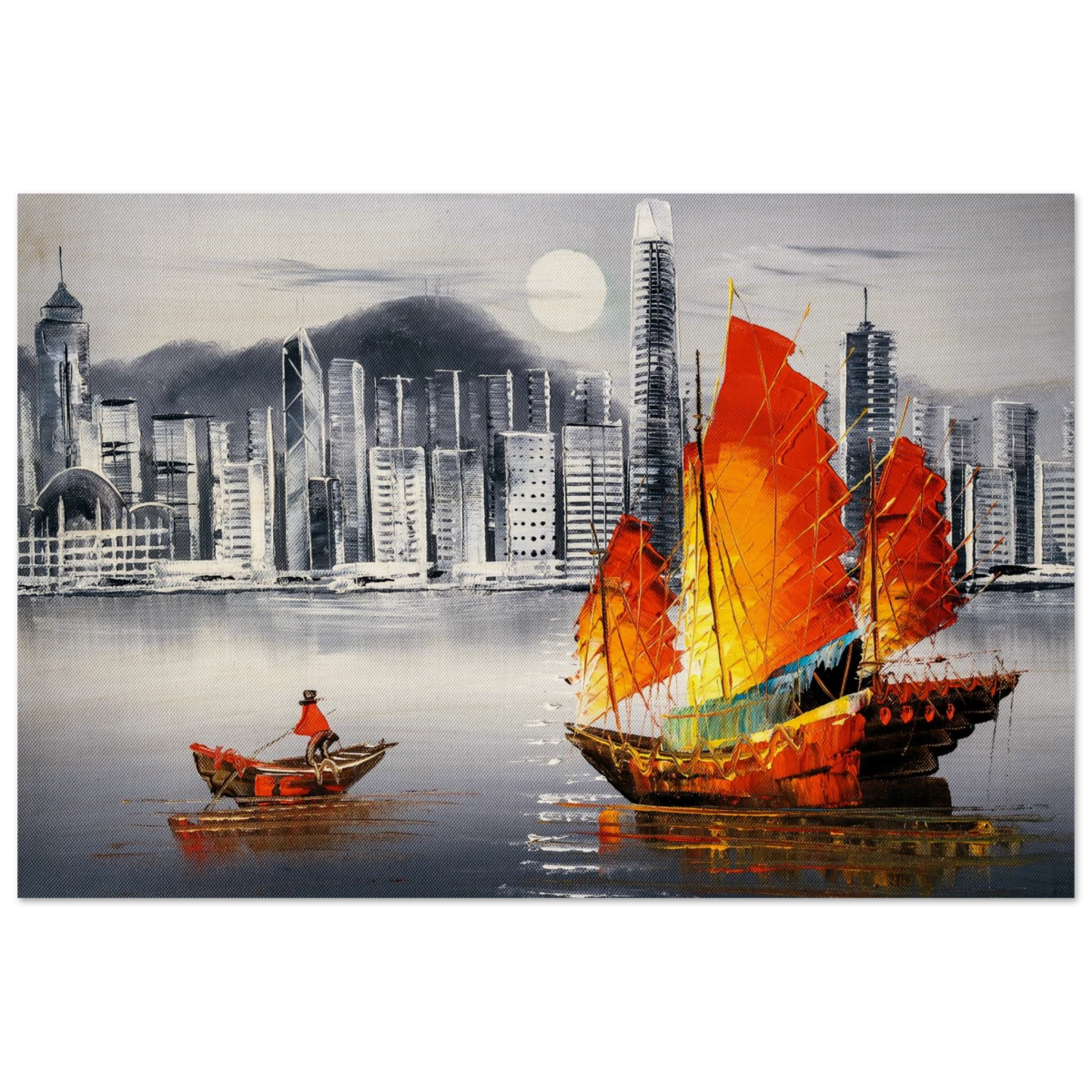 "Crimson Sails Over Silver City" – East Meets Modern Majesty | Wall art Print - Wood Prints - 30x45 cm / 12x18″ - 