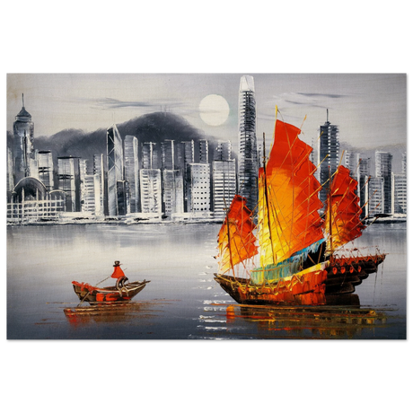 "Crimson Sails Over Silver City" – East Meets Modern Majesty | Wall art Print - Wood Prints - 30x45 cm / 12x18″ - 