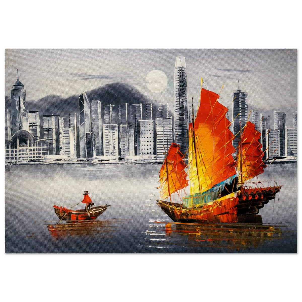 "Crimson Sails Over Silver City" – East Meets Modern Majesty | Wall art Print - Wood Prints - 70x100 cm / 28x40″ - 