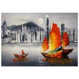 "Crimson Sails Over Silver City" – East Meets Modern Majesty | Wall art Print - Wood Prints - 70x100 cm / 28x40″ - 