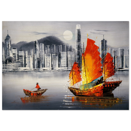 "Crimson Sails Over Silver City" – East Meets Modern Majesty | Wall art Print - Wood Prints - 70x100 cm / 28x40″ - 