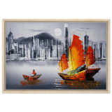 "Crimson Sails Over Silver City" – East Meets Modern Majesty | Wall art Print - Framed Canvas - 50x75 cm / 20x30″ - Wood frame