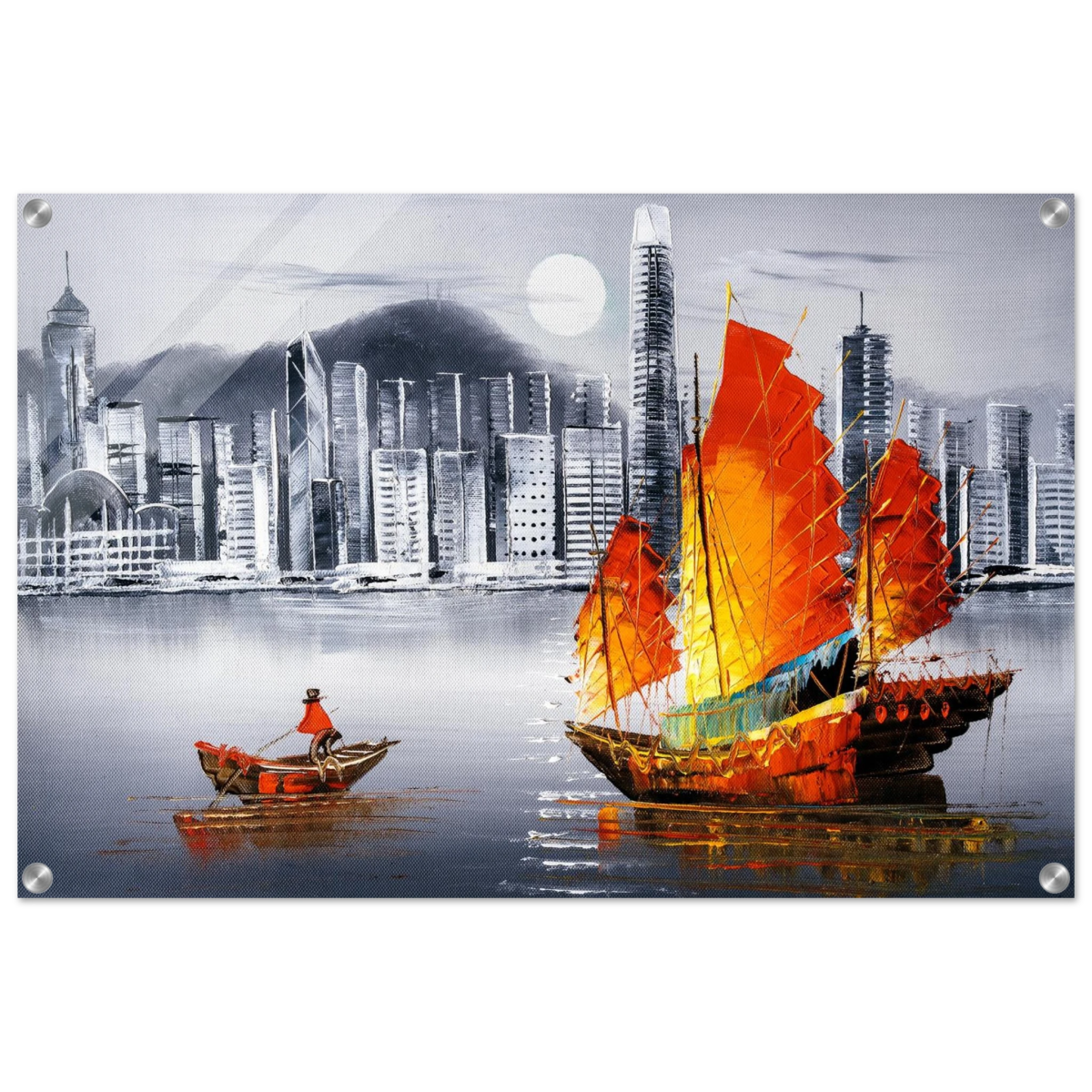 "Crimson Sails Over Silver City" – East Meets Modern Majesty | Wall art Print - Acrylic Print - 50x75 cm / 20x30″ - 