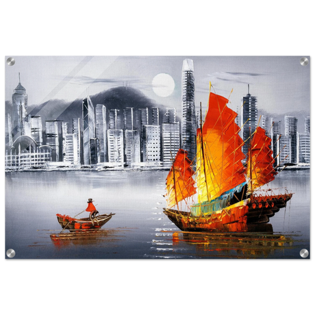 "Crimson Sails Over Silver City" – East Meets Modern Majesty | Wall art Print - Acrylic Print - 50x75 cm / 20x30″ - 