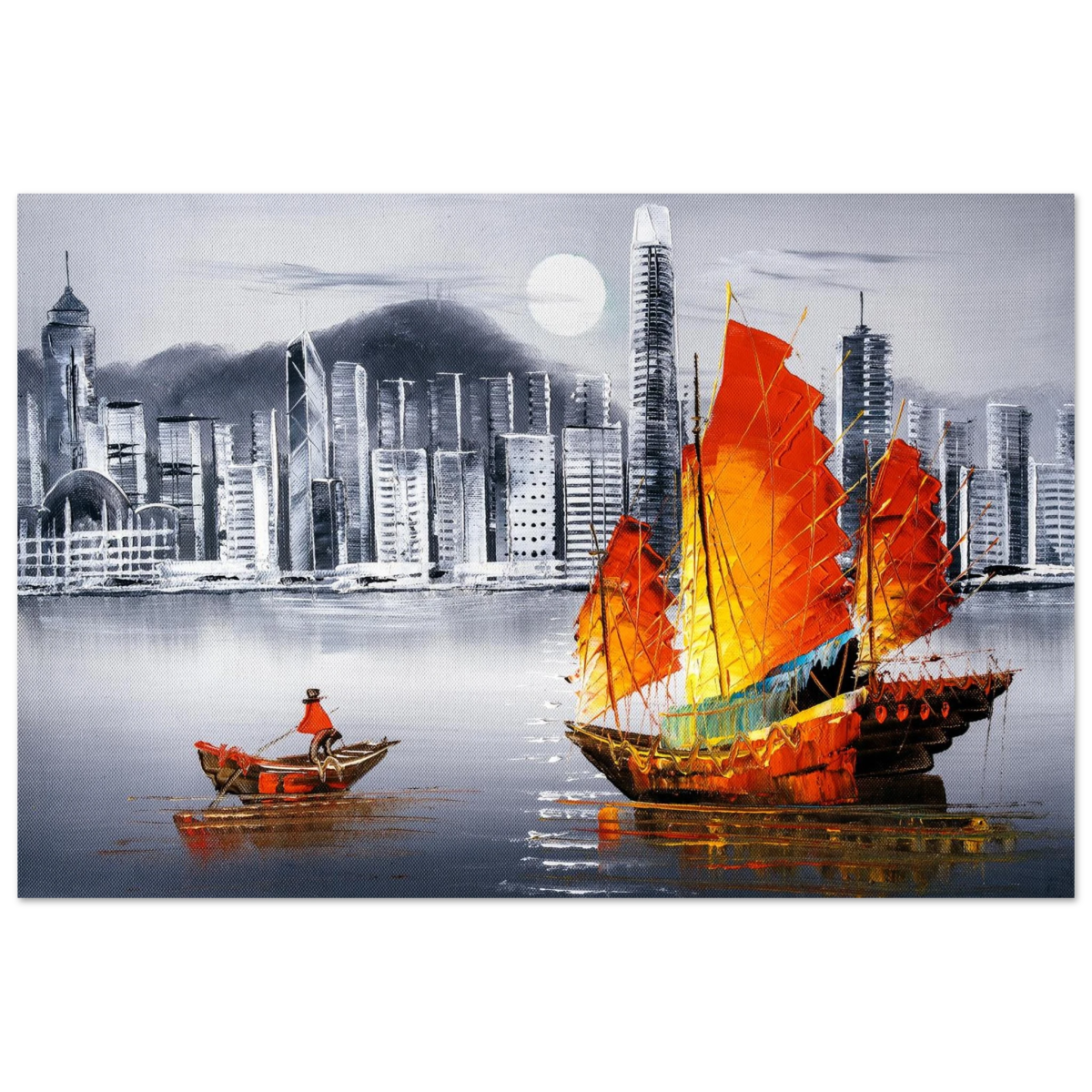 "Crimson Sails Over Silver City" – East Meets Modern Majesty | Wall art Print - Fine Art Poster - 30x45 cm / 12x18″ - 