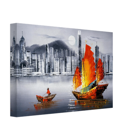 "Crimson Sails Over Silver City" – East Meets Modern Majesty | Wall art Print - Canvas - 20x30 cm / 8x12″ - 