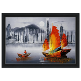 "Crimson Sails Over Silver City" – East Meets Modern Majesty | Wall art Print - Framed Canvas - 30x45 cm / 12x18″ - Black frame