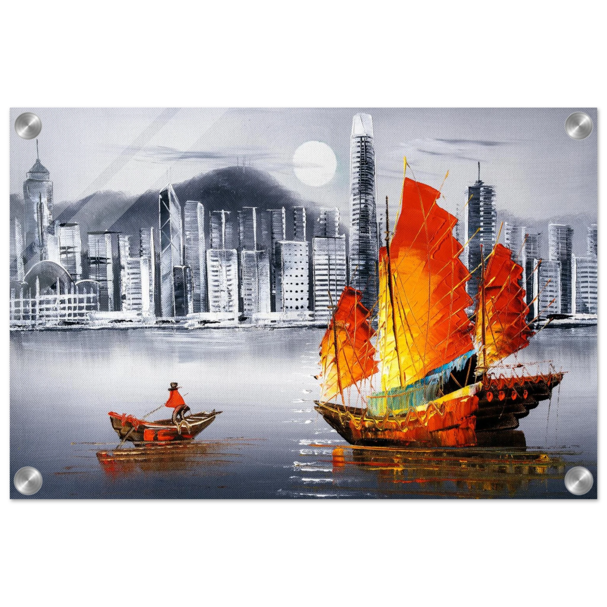 "Crimson Sails Over Silver City" – East Meets Modern Majesty | Wall art Print - Acrylic Print - 30x45 cm / 12x18″ - 