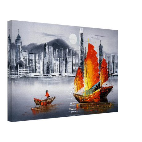 "Crimson Sails Over Silver City" – East Meets Modern Majesty | Wall art Print - Canvas - 30x45 cm / 12x18″ - 