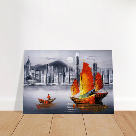 "Crimson Sails Over Silver City" – East Meets Modern Majesty | Wall art Print - Brushed Aluminum Print - 70x100 cm / 28x40″ - 