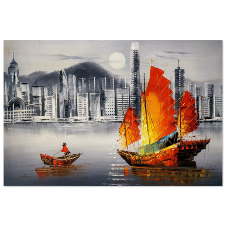 "Crimson Sails Over Silver City" – East Meets Modern Majesty | Wall art Print - Wood Prints - 60x90 cm / 24x36″ - 