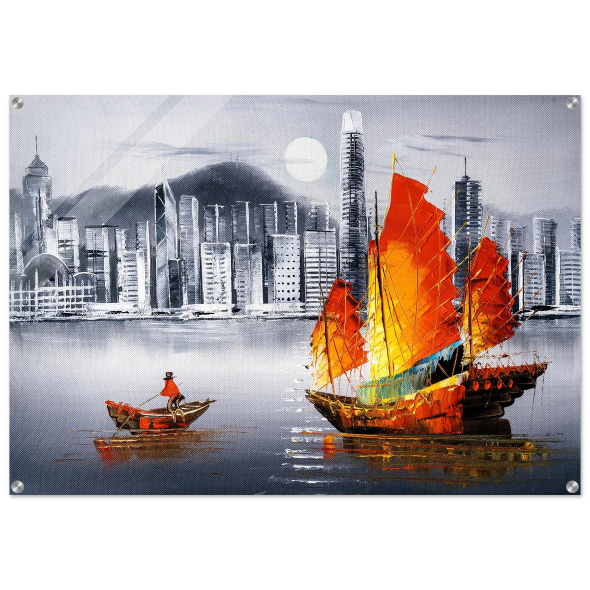 "Crimson Sails Over Silver City" – East Meets Modern Majesty | Wall art Print - Acrylic Print - 70x100 cm / 28x40″ - 