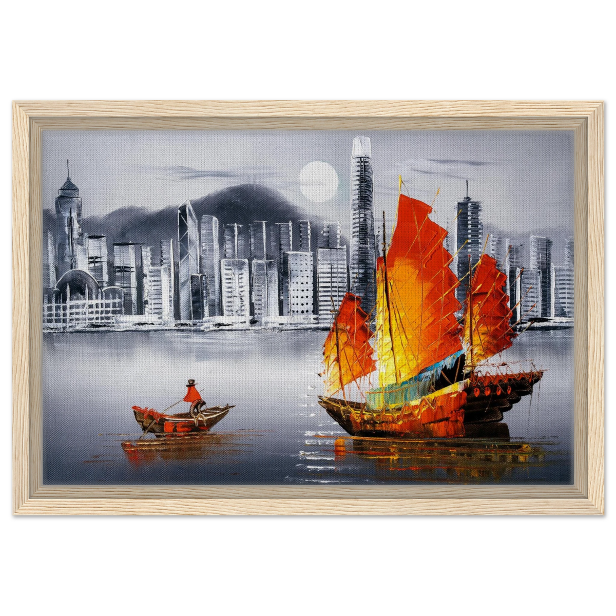 "Crimson Sails Over Silver City" – East Meets Modern Majesty | Wall art Print - Framed Canvas - 30x45 cm / 12x18″ - Wood frame