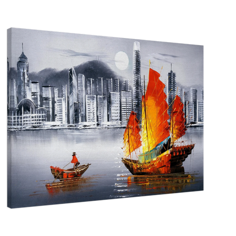 "Crimson Sails Over Silver City" – East Meets Modern Majesty | Wall art Print - Canvas - 60x90 cm / 24x36″ - 