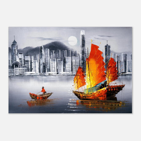 "Crimson Sails Over Silver City" – East Meets Modern Majesty | Wall art Print - Aluminum Print - 70x100 cm / 28x40″ - 