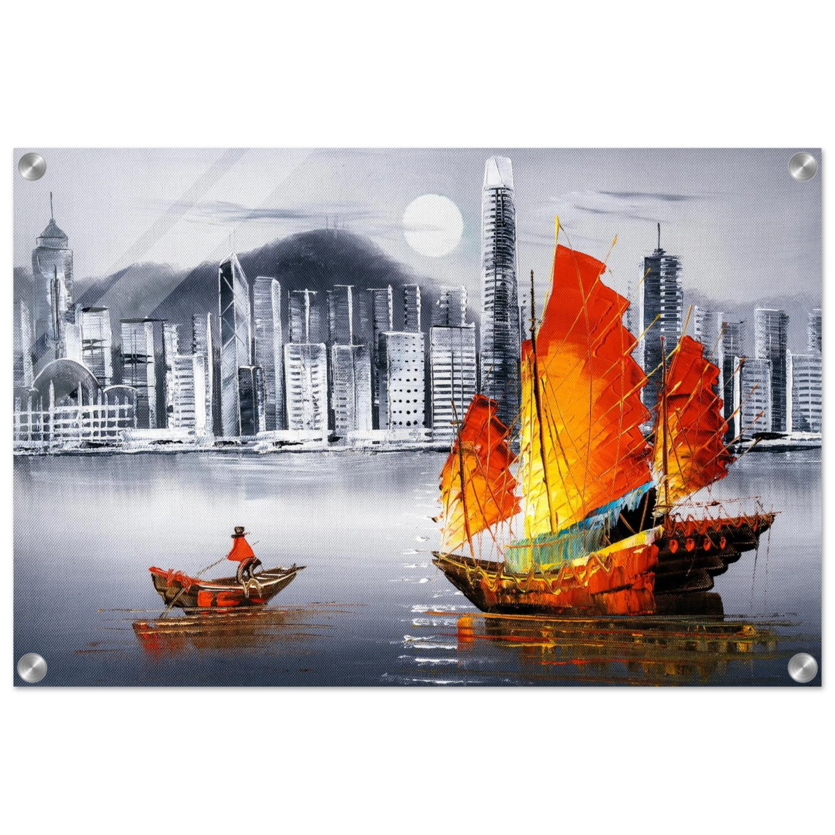 "Crimson Sails Over Silver City" – East Meets Modern Majesty | Wall art Print - Acrylic Print - 40x60 cm / 16x24″ - 