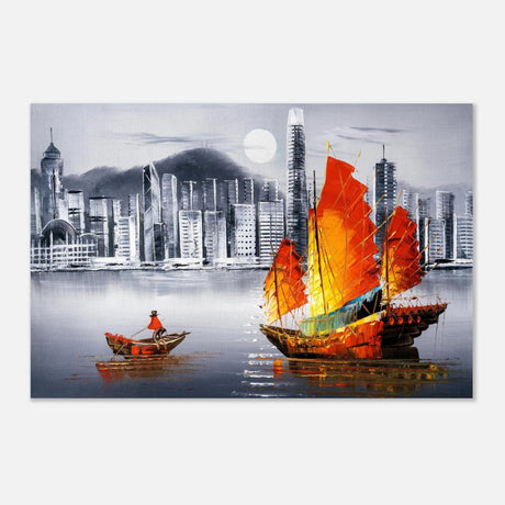 "Crimson Sails Over Silver City" – East Meets Modern Majesty | Wall art Print - Aluminum Print - 40x60 cm / 16x24″ - 