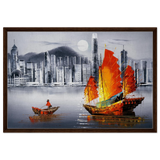 "Crimson Sails Over Silver City" – East Meets Modern Majesty | Wall art Print - Framed Canvas - 60x90 cm / 24x36″ - Dark wood frame