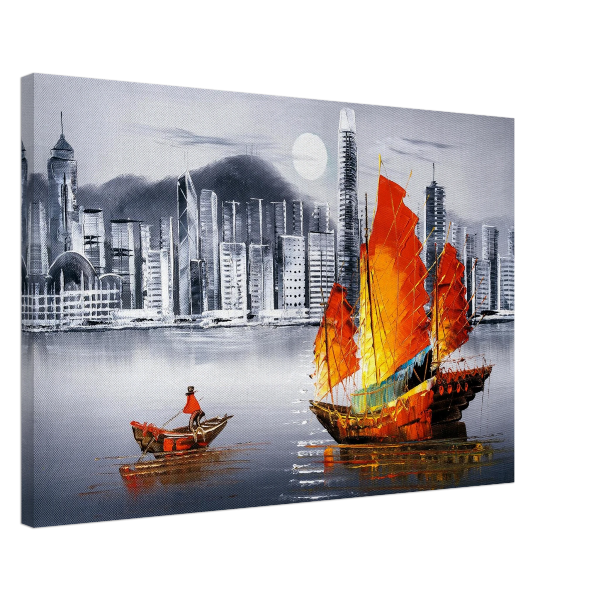 "Crimson Sails Over Silver City" – East Meets Modern Majesty | Wall art Print - Canvas - 50x75 cm / 20x30″ - 