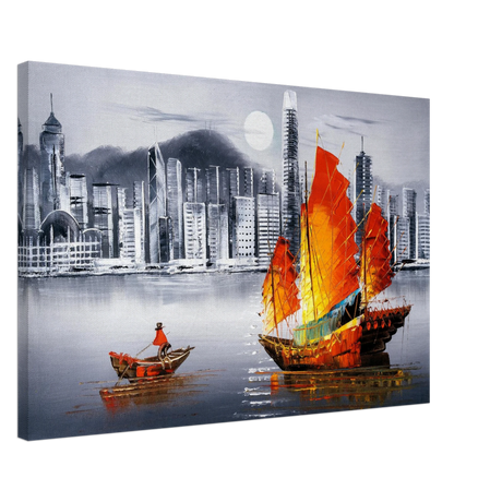 "Crimson Sails Over Silver City" – East Meets Modern Majesty | Wall art Print - Canvas - 50x75 cm / 20x30″ - 