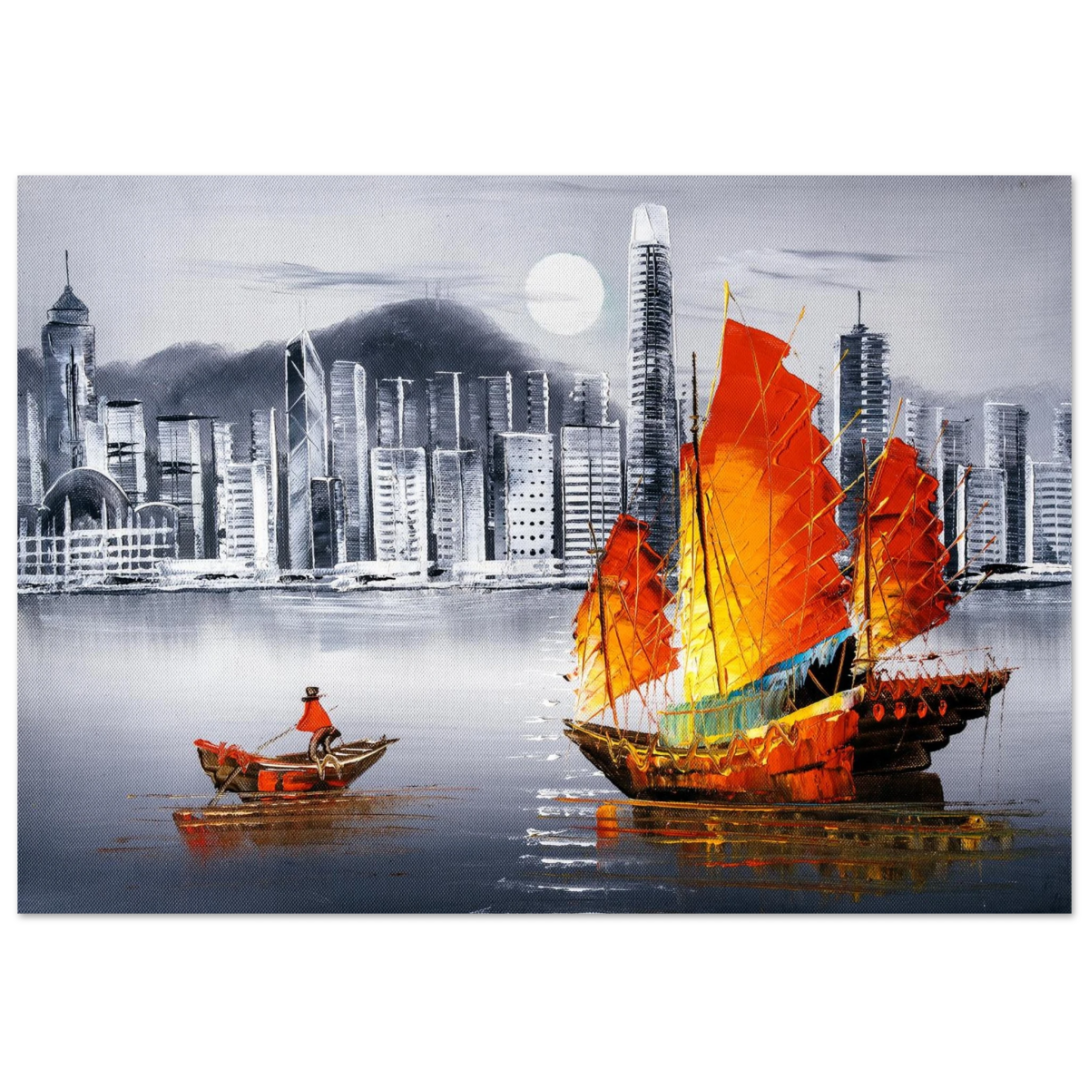 "Crimson Sails Over Silver City" – East Meets Modern Majesty | Wall art Print - Fine Art Poster - 70x100 cm / 28x40″ - 