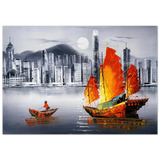 "Crimson Sails Over Silver City" – East Meets Modern Majesty | Wall art Print - Fine Art Poster - 70x100 cm / 28x40″ - 