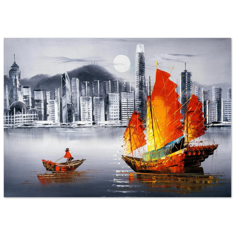 "Crimson Sails Over Silver City" – East Meets Modern Majesty | Wall art Print - Fine Art Poster - 70x100 cm / 28x40″ - 