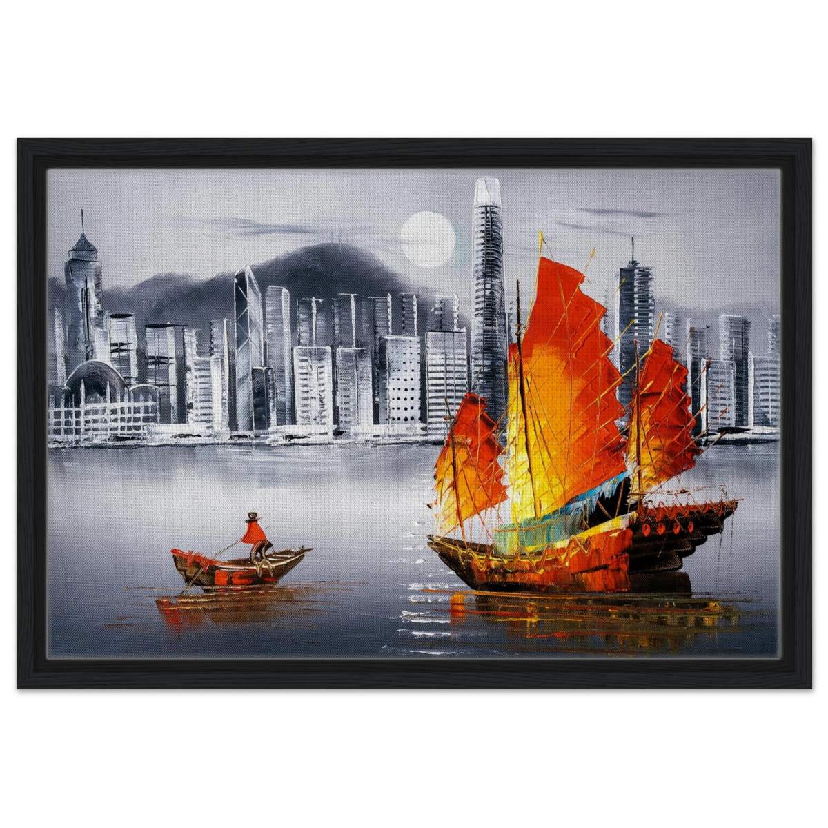 "Crimson Sails Over Silver City" – East Meets Modern Majesty | Wall art Print - Framed Canvas - 40x60 cm / 16x24″ - Black frame