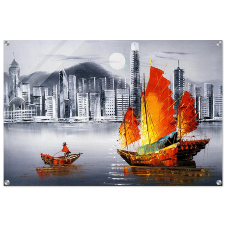 "Crimson Sails Over Silver City" – East Meets Modern Majesty | Wall art Print - Acrylic Print - 60x90 cm / 24x36″ - 
