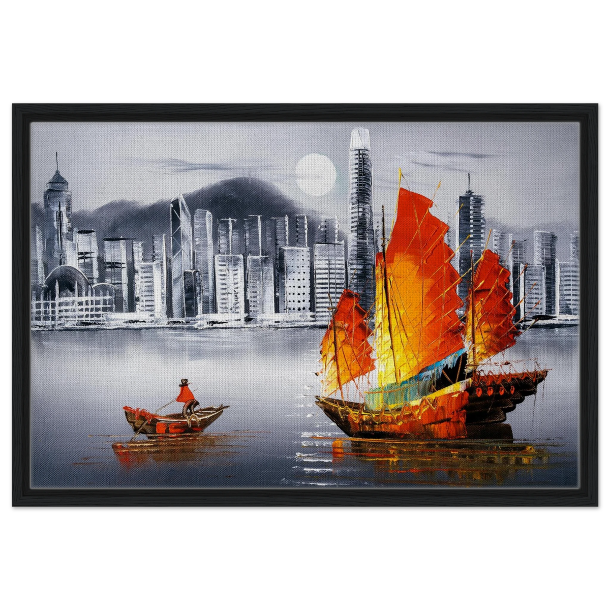 "Crimson Sails Over Silver City" – East Meets Modern Majesty | Wall art Print - Framed Canvas - 50x75 cm / 20x30″ - Black frame
