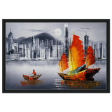 "Crimson Sails Over Silver City" – East Meets Modern Majesty | Wall art Print - Framed Canvas - 50x75 cm / 20x30″ - Black frame