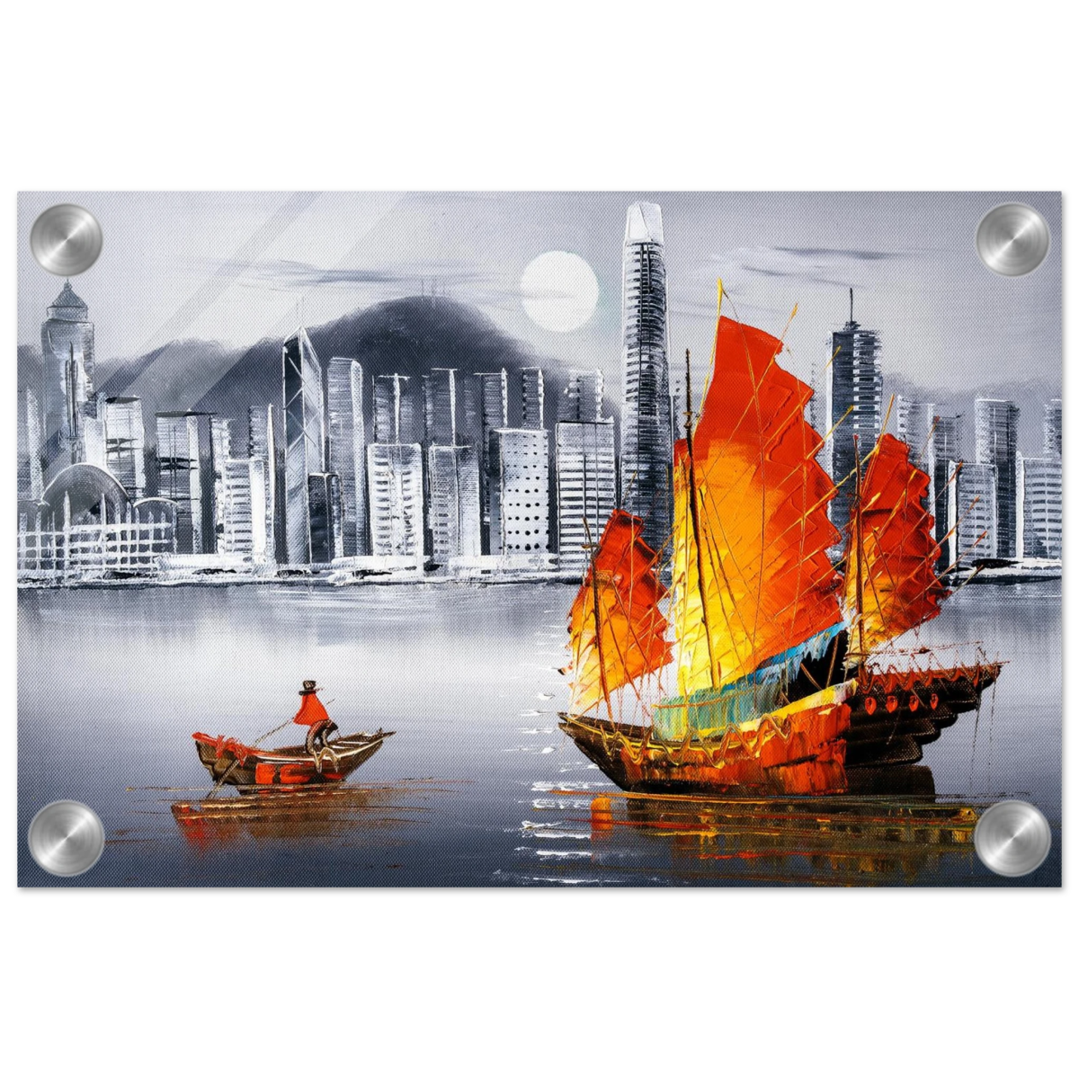 "Crimson Sails Over Silver City" – East Meets Modern Majesty | Wall art Print - Acrylic Print - 20x30 cm / 8x12″ - 