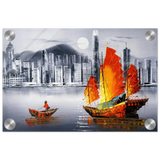 "Crimson Sails Over Silver City" – East Meets Modern Majesty | Wall art Print - Acrylic Print - 20x30 cm / 8x12″ - 