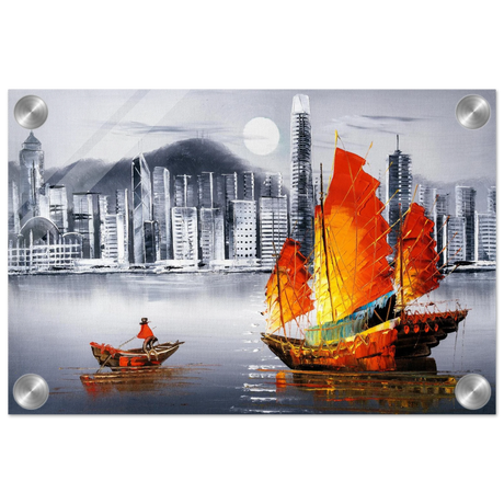 "Crimson Sails Over Silver City" – East Meets Modern Majesty | Wall art Print - Acrylic Print - 20x30 cm / 8x12″ - 