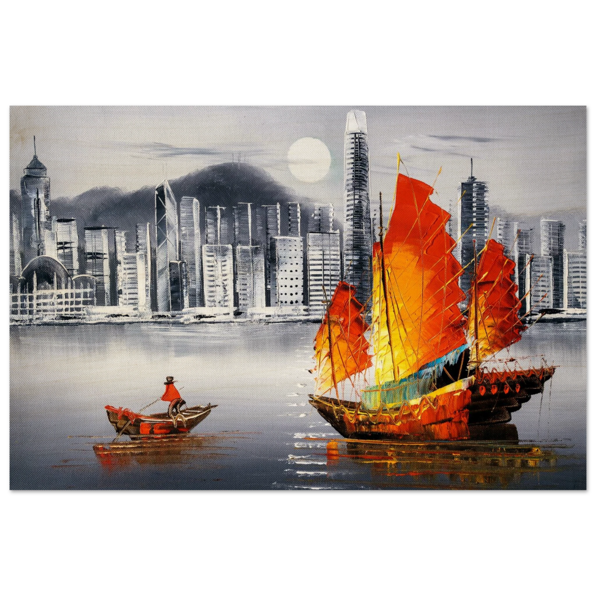 "Crimson Sails Over Silver City" – East Meets Modern Majesty | Wall art Print - Wood Prints - 50x75 cm / 20x30″ - 