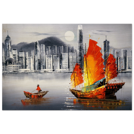 "Crimson Sails Over Silver City" – East Meets Modern Majesty | Wall art Print - Wood Prints - 50x75 cm / 20x30″ - 
