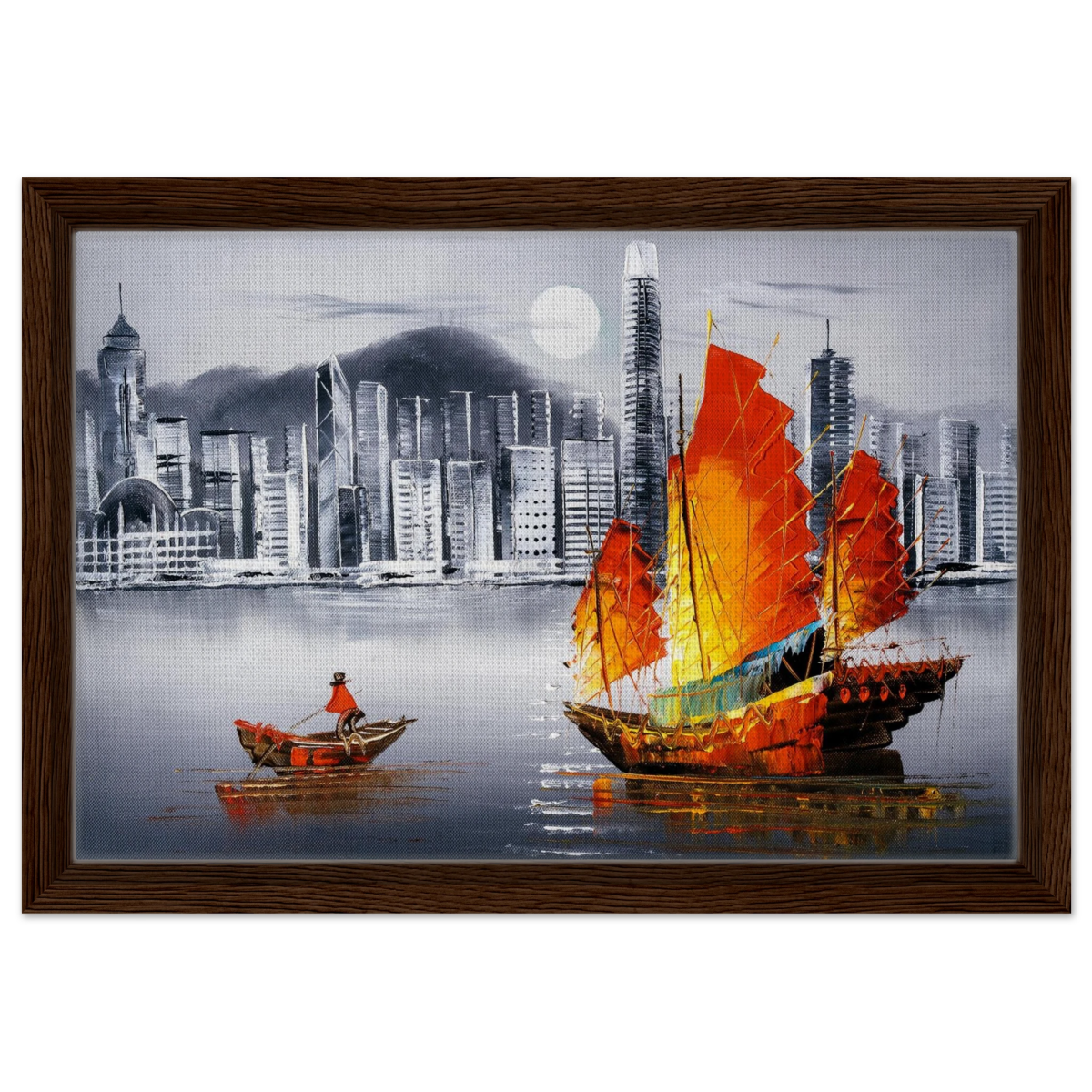"Crimson Sails Over Silver City" – East Meets Modern Majesty | Wall art Print - Framed Canvas - 30x45 cm / 12x18″ - Dark wood frame