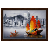"Crimson Sails Over Silver City" – East Meets Modern Majesty | Wall art Print - Framed Canvas - 30x45 cm / 12x18″ - Dark wood frame