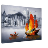 "Crimson Sails Over Silver City" – East Meets Modern Majesty | Wall art Print - Canvas - 70x100 cm / 28x40″ - 